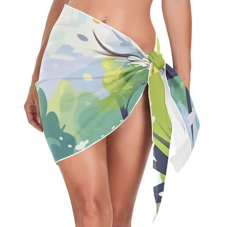 Trees and Flowers Women Coverups Beach Cover Up Chiffon Swimsuit Bikini Wrap Short Skirt Beach Slit Tie Waist