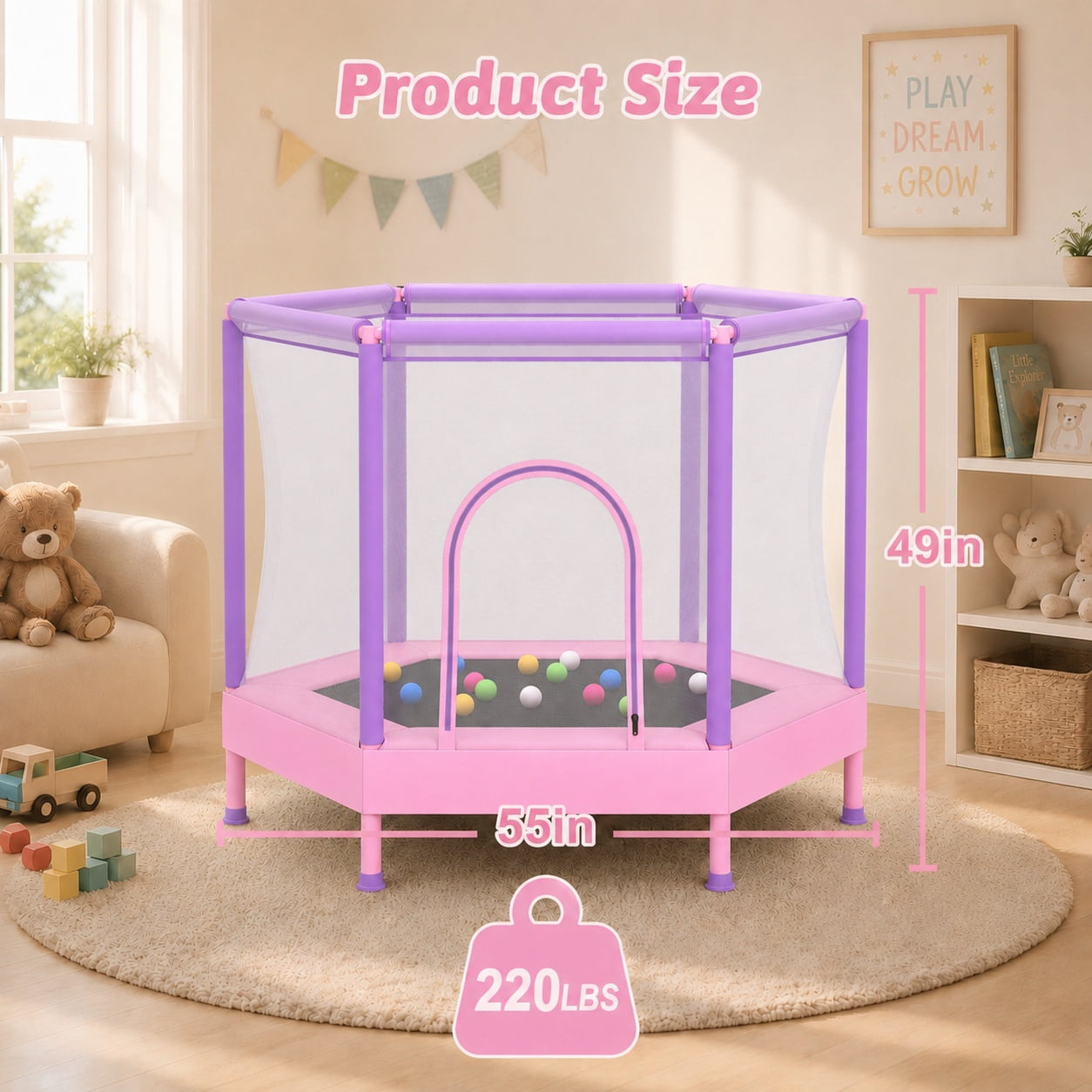 55" Toddler Trampoline with Enclosure Net & Ocean Balls, SHINPT Kids Trampoline for Toddlers Ages 3+, Indoor Trampoline with No Gap Design, Small Trampoline for Kids Room, Living Room, Ideal Gift