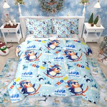 Homewish Kawaii Winter Penguin Twin Bedding Sets 7-Piece, Blue Snow Mountain Bedding Comforter Set, Cartoon Antarctic Animal Reversible Sheet Sets, Ultra Soft Bedroom Decor