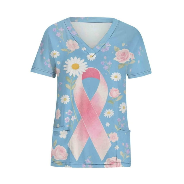 Women's Short Sleeve V-Neck Scrub Tops, Nursing Work Uniform with Breast Cancer Awareness Ribbon Print and Pocket, Soft Stretch Fabric