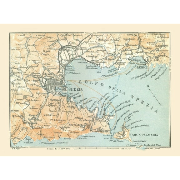 Historic Map - La Spezia Italy- Bertarelli 1914  - Vintage Wall Art