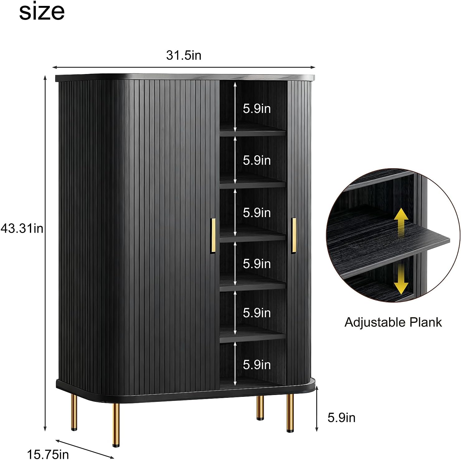Shoe Storage Cabinet with Sliding Door, 6-Tier Shoe Cabinet with Adjustable Shelves, Mid-Century Modern Freestanding Shoe Storage Organizer for Entryway, Hallway, Living Room (Black)