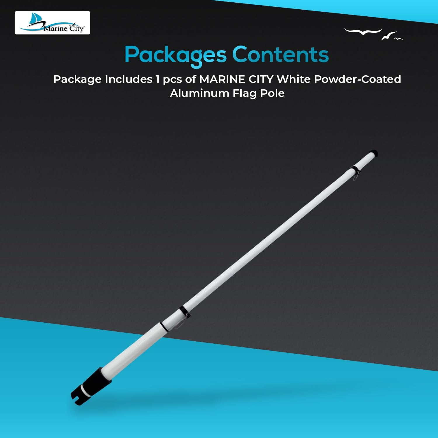 MARINE CITY 41 Inch Flag Pole, White Powder-Coated Aluminum, Corrosion-Resistant with Clips for Easy Flag Attachment, for Outdoor Use, Boats, and Yachts Pack of 1