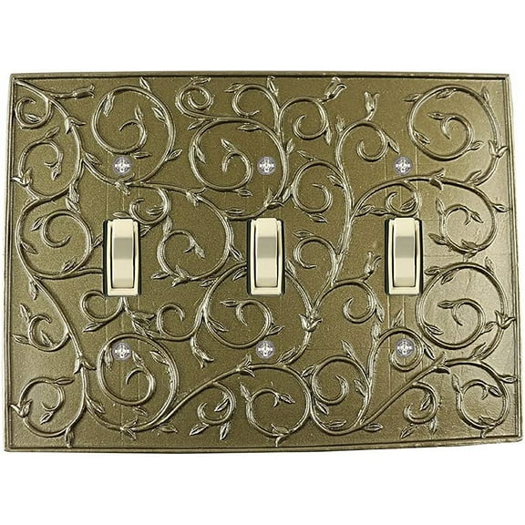 Meriville French Scroll 3 Toggle Wallplate, Triple Switch Electrical Cover Plate, Aged Gold