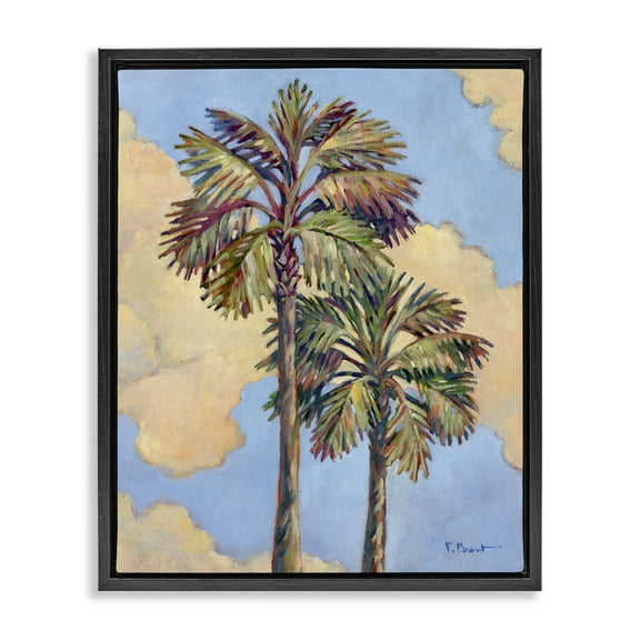 Stupell Industries Two Palm Trees & Clouds Landscape & Nature Painting Black Floater Framed Canvas Art Print Wall Art, 17 x 21