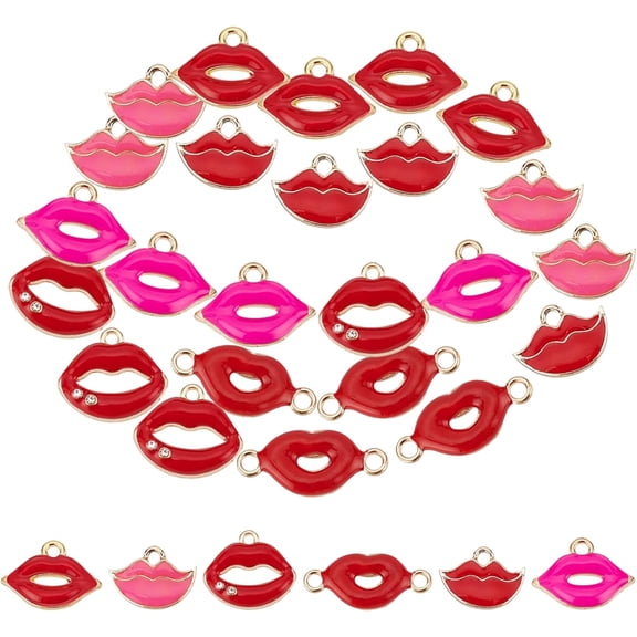 1 Box 30Pcs 4 Styles Lip Charms Sexy Red Lips Pendants Alloy Enamel Colorful Pink Kiss Mouth Charm Shiny Rhinestones for Jewelry Making Charms DIY Bracelets Necklaces Accessory for diy
