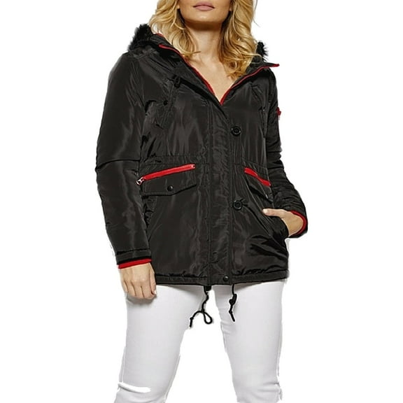 Women's Winter Coat Faux Fur Hood Windbreaker Draw String Two-Tone Anorak Jacket