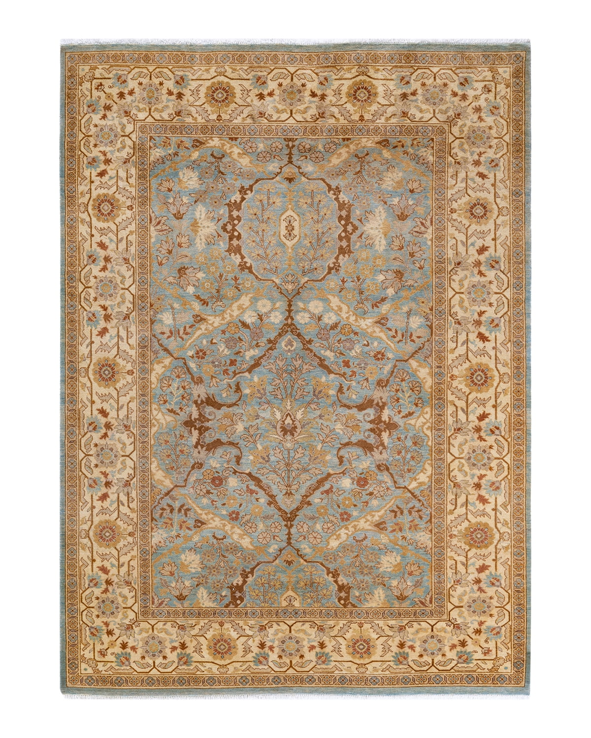 Hand-Knotted Light Blue Wool Floral Area Rug 6'1" x 8'10"