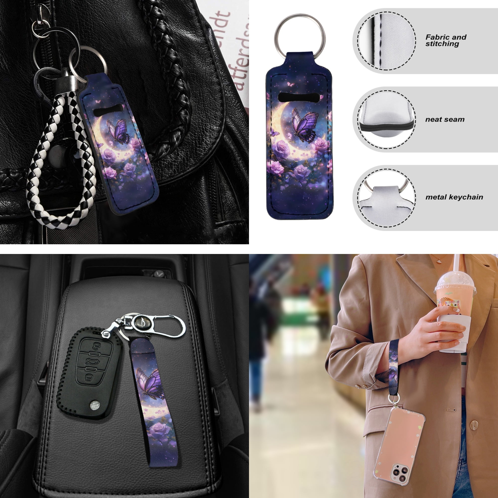 Jeiento Butterfly Car Seat Cover Full Set for Women Men, 17 Pack Car Seat Covers Floor Mats Moon Flower Steering Wheel Cover Seatbelt Cover Armrest Cover Automobile Accessories, Purple