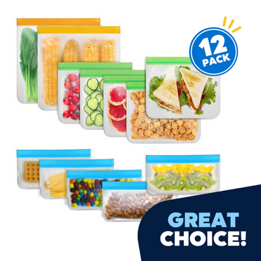 Reusable Food Storage Bags - 12 Count BPA Free Reusable Freezer Bags (2 Gallon & 5 Sandwich & 5 Snack Size Bags) Leak Proof Freezer Safe Bag for Meat Fruit Vegetable