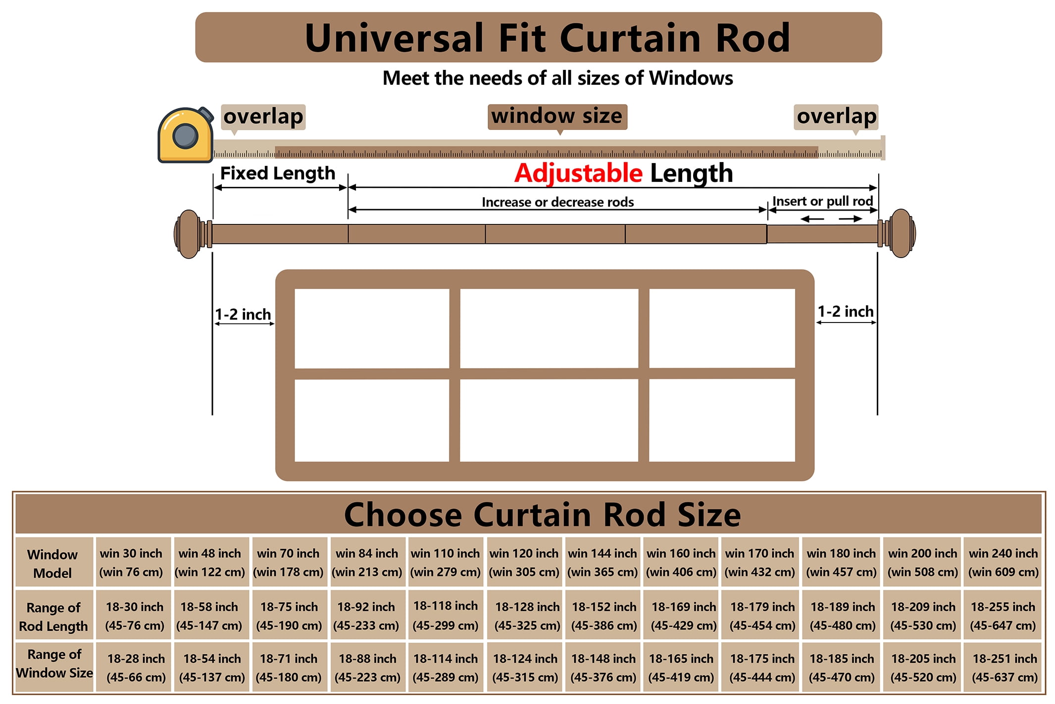 BloomFlower Curtain Rods 18-128 inch, for Window 120 Inch, Adjustable Length Heavy Duty Diameter 7/8 inch, Modern Finials, Black
