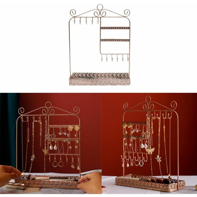Soporte de joyería para pendientes, cadenas y anillos - aprox. 25x10x33cm, - Soporte decorativo para joyas de metal, 4 niveles, compartimento para gancho y anillo Almacenamiento de joyas Soporte para