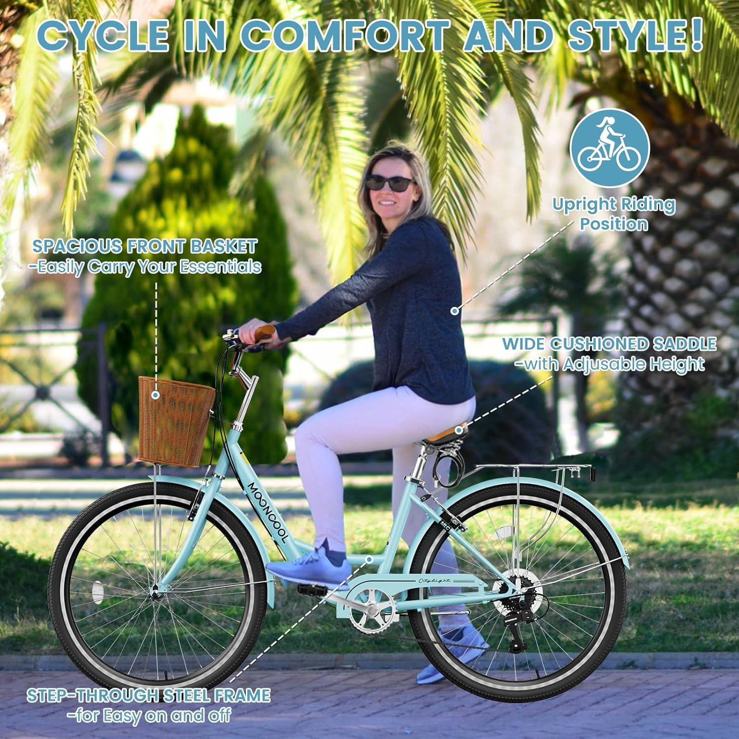 Mooncool 24 & 26 Inch Beach Cruiser Bike for Women, 7 Speed Commute Bike for Adults, Womens Bicycle with Ratten Basket & Rack, Multiple Color