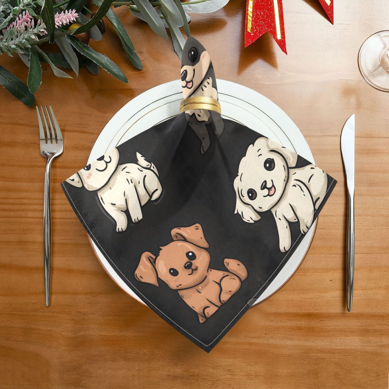 JSTEL Cute Puppy Dogs Print Cloth Napkins Set of 6, 20x20 Inch Washable and Reusable Napkin for Decoupage Dinner Party Everyday Use