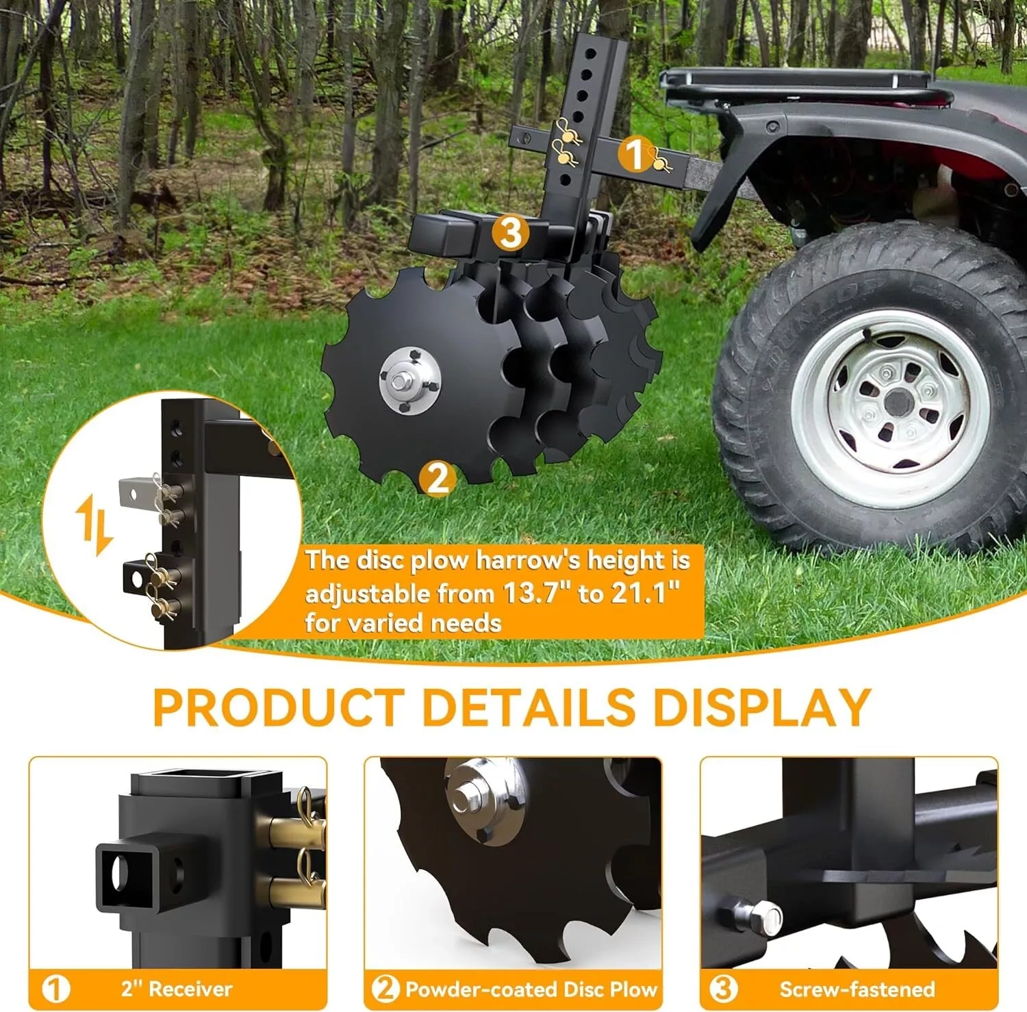Dextrus Heavy Duty ATV UTV Tow Disc Plow Harrow with 28" Cut Width & 2 in Receiver Hitch Attach Lawn mowers