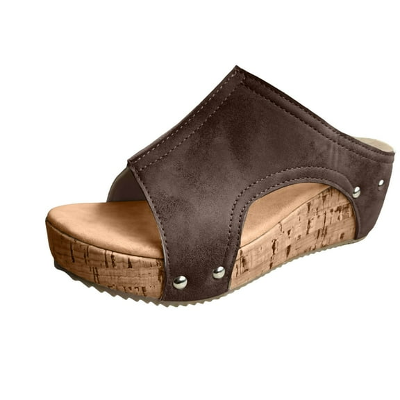 Women's Open Toe Wedge Sandals Platform Cork Heel Summer Beach Slip On Vacation Shoes