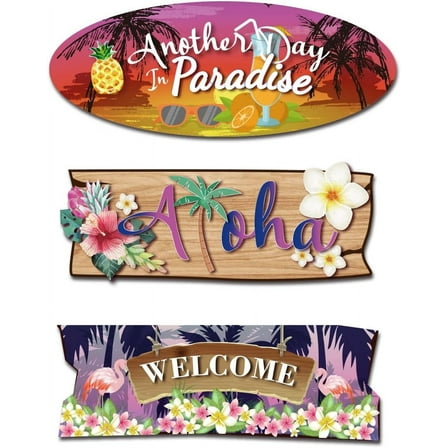 Welcome Hanging Sign Another Day in Paradise Summer Beach Plaque Aloha Bar Pub Yard Garden Hawaiian Style Decorative Wall Hanging Sign Flower Fruits Pool Decorations 3 PCS/Set DIY