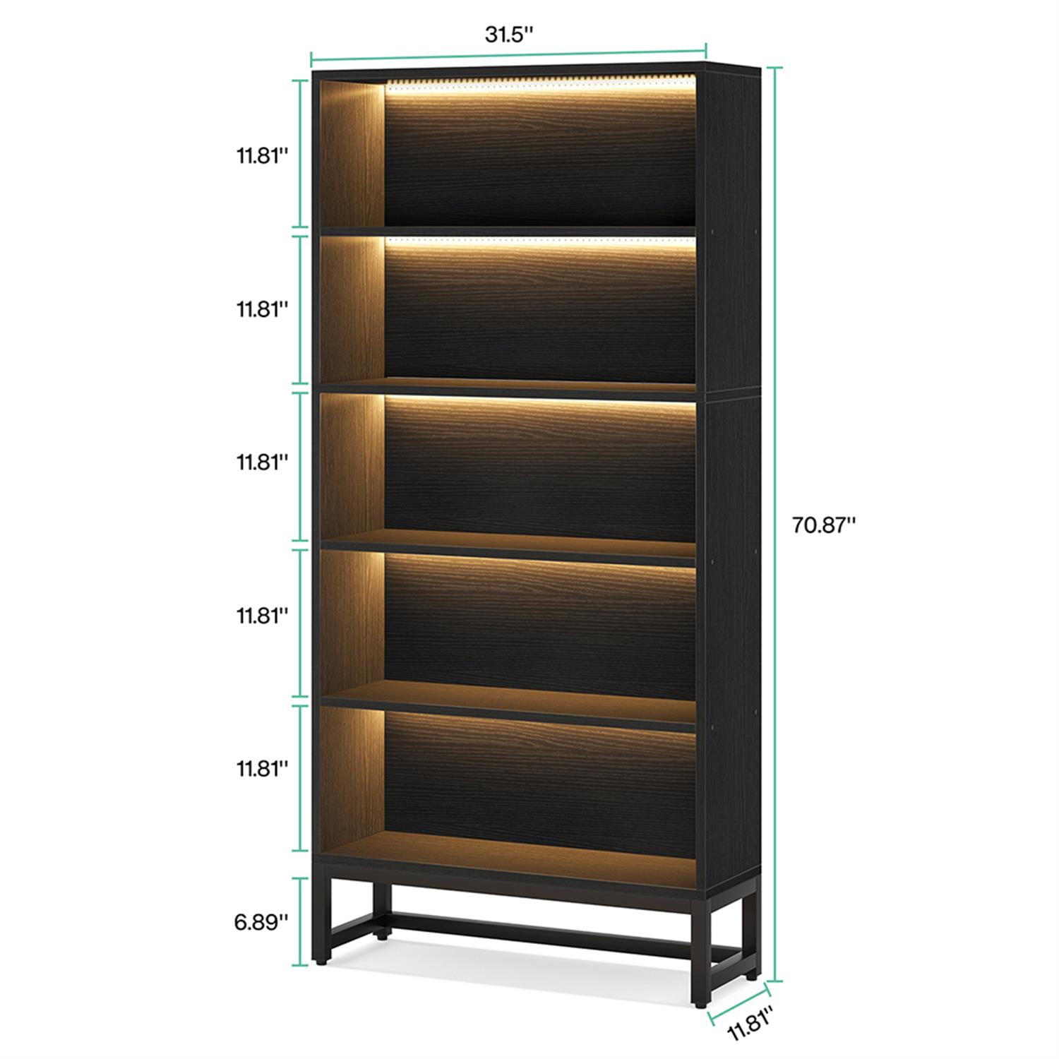 Demi Bonn 5-Tier Bookcase with LED Lights, Wood and Metal Bookshelf Storage Organizer, 70" Tall Display Standing Shelf Unit for Bedroom, Living Room, Black