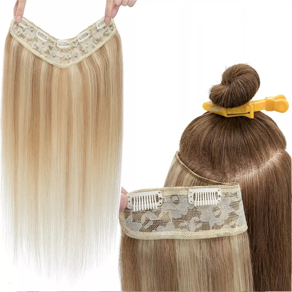 Clip in Hair Extensions Real Human Hair #8/613 One Piece Straight Remy Hair Clip in Extensions 16"-26" Seamless U Shape Double Weft Hair Extensions