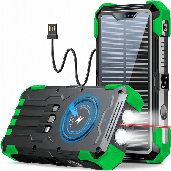 42800mAh Solar Power Bank with 4 Cables, 15W Fast Charging for iPhone/Android, Wireless Portable Charger with Dual Flashlight for Outdoor Camping(Green)