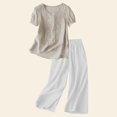 thumbnail image 2 of Holzkary Linen Sets for Women 2 Piece Embroidered Set Casual Loose Fit Outfit 2 Piece Outfits Sets Short Sleeve Shirts and Elastic Waist Long Pants Summer Casual Vacation Loungewear Beige L, 2 of 6