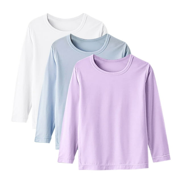 LIaqionyy Lot de 3 T-Shirts à Manches Longues pour Filles T-Shirts Enfants Col Rond Basiques Unis T-Shirts Hauts pour Enfant 1-15 Ans