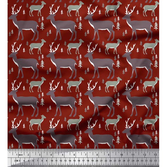 Soimoi Red Rayon Crepe Fabric Deer Animal Print Fabric by Yard 46 Inch Wide