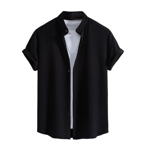 JUUYY Men's Shirt Ribbed Knit Stand Collar Button Down Shirts Short Sleeve Business Casual Breathable Stretch Office Blouse Tops Black L
