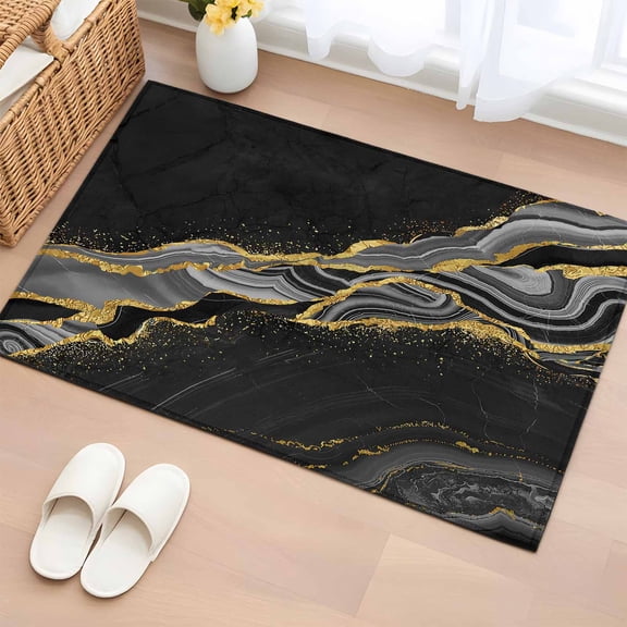 Area Rug 2x3ft, Black Gold Marble Texture Pattern Washable Rugs for Living Room Bedroom, Classic Geometric Line Soft Non-slip Area Rugs Rectangle Floor Carpet for Dining Room