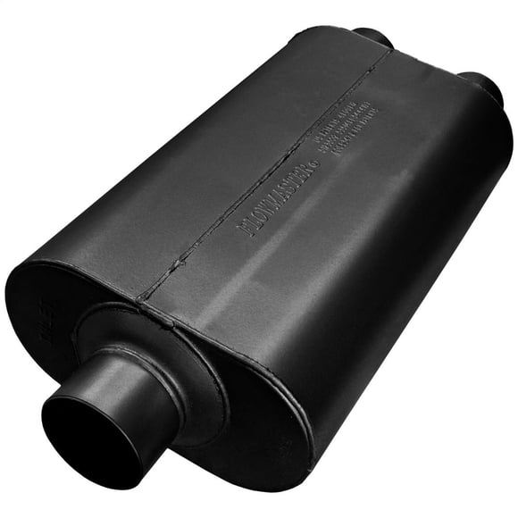 Fits 2009-2010 Dodge Ram 1500 Flowmaster Exhaust Muffler 9530572 50 Series Heavy Duty; Single 3 Inch Center Inlet; Dual 2-1/2 Inch Outlet; 18 Inch Body/23 Inch Overall Length
