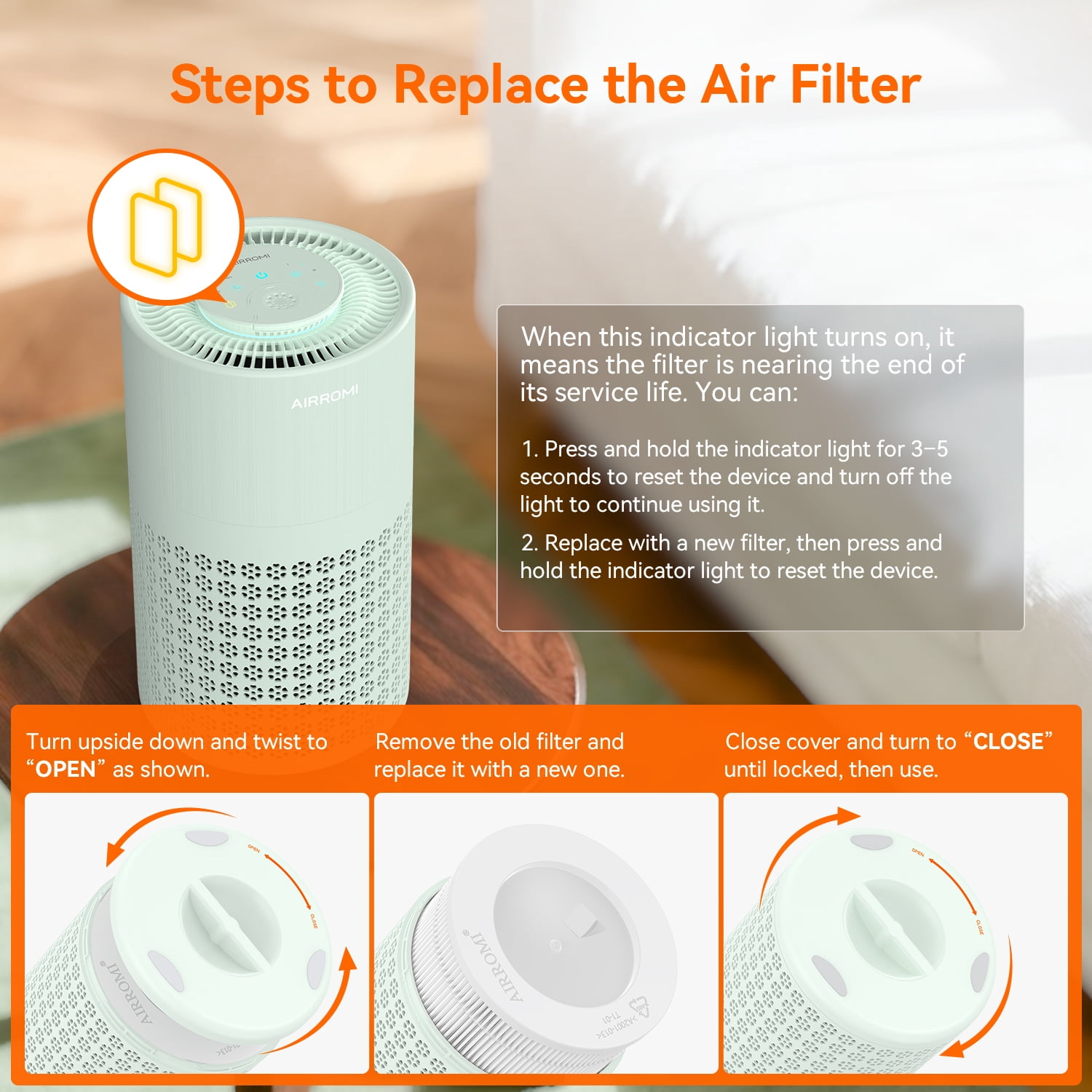 AIRROMI Air Purifier for Home Bedroom Covers 990 Ft² - Hepa 3-in-1 Filter, with Aromatherapy, Night Light & Timer, Remove Smoke, Pet Dander, Odor, Dust,A2001 Green