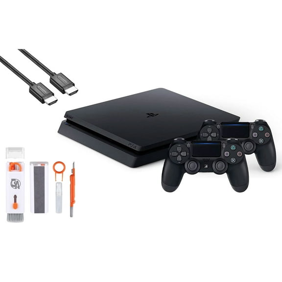 Pre-Owned Sony 2215B PlayStation 4 Slim 500GB Gaming Console Black, HDMI Cable 2 Controller With BOLT AXTION Cleaning Kit Bundle