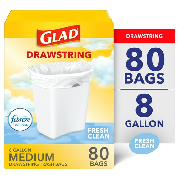 Glad 8-Gallon Medium Drawstring Trash Bags, Fresh Clean Scent With Febreze Freshness, 80 Scented Bags