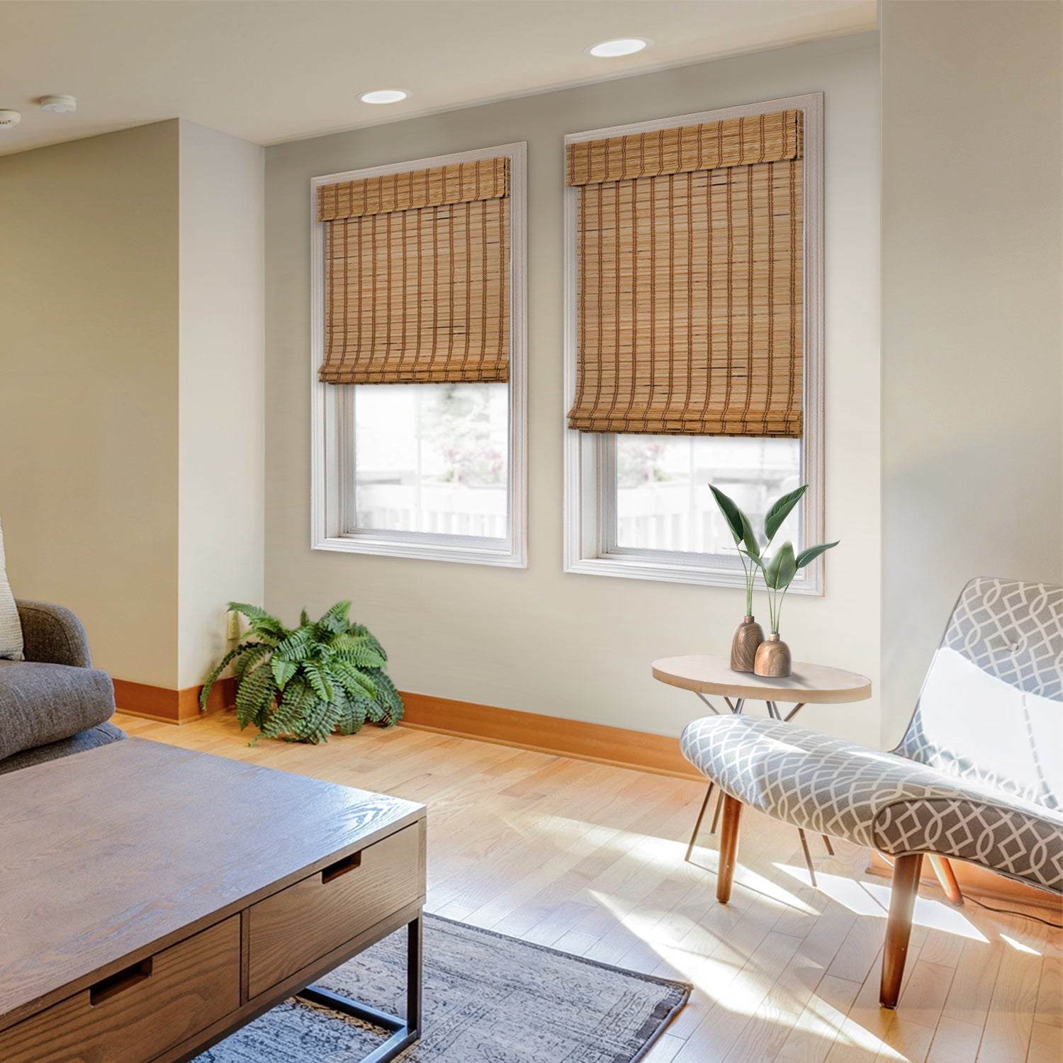 Natural Woven Light Filtering Cordless Bamboo Roman Shades for Windows, 33 in. W x 60 in. L, Camel