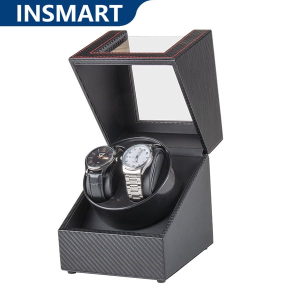 INSMART Watch Winder for Automatic Watches, Double Watch Winder with LED Design, Quiet Motor Rotating, Black Carbon Fiber Leather for Women's and Men's