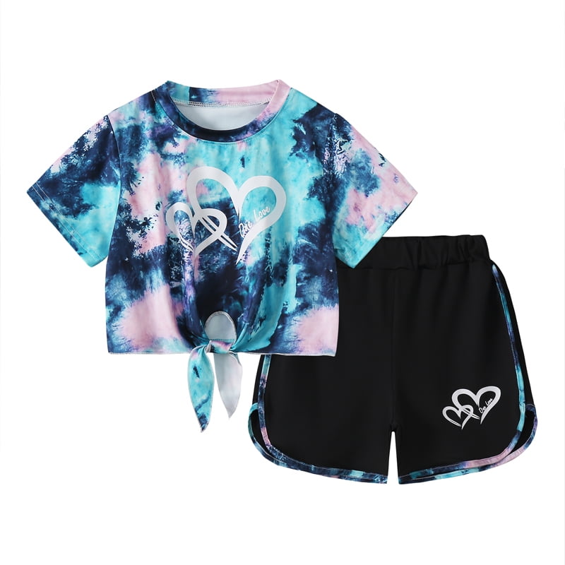 Jolyshlid Girls Summer Outfits 6 Piece Set Tie Dye Heart Print Short Sleeve Tops and Shorts Set Casual Clothing for Kids,Red Light Green Blue,5-6 Years