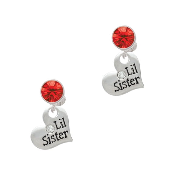 Delight Jewelry Silvertone Large ''Lil Sister'' Heart with Clear Crystal Red Crystal Clip on Earrings