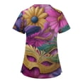 thumbnail image 4 of Mardi Gras Scrub Tops for Woman Mask Print Glitter Short Sleeve Nursing Top Feathers Print V Neck Green Workwear with Pockets Purple XL, 4 of 4