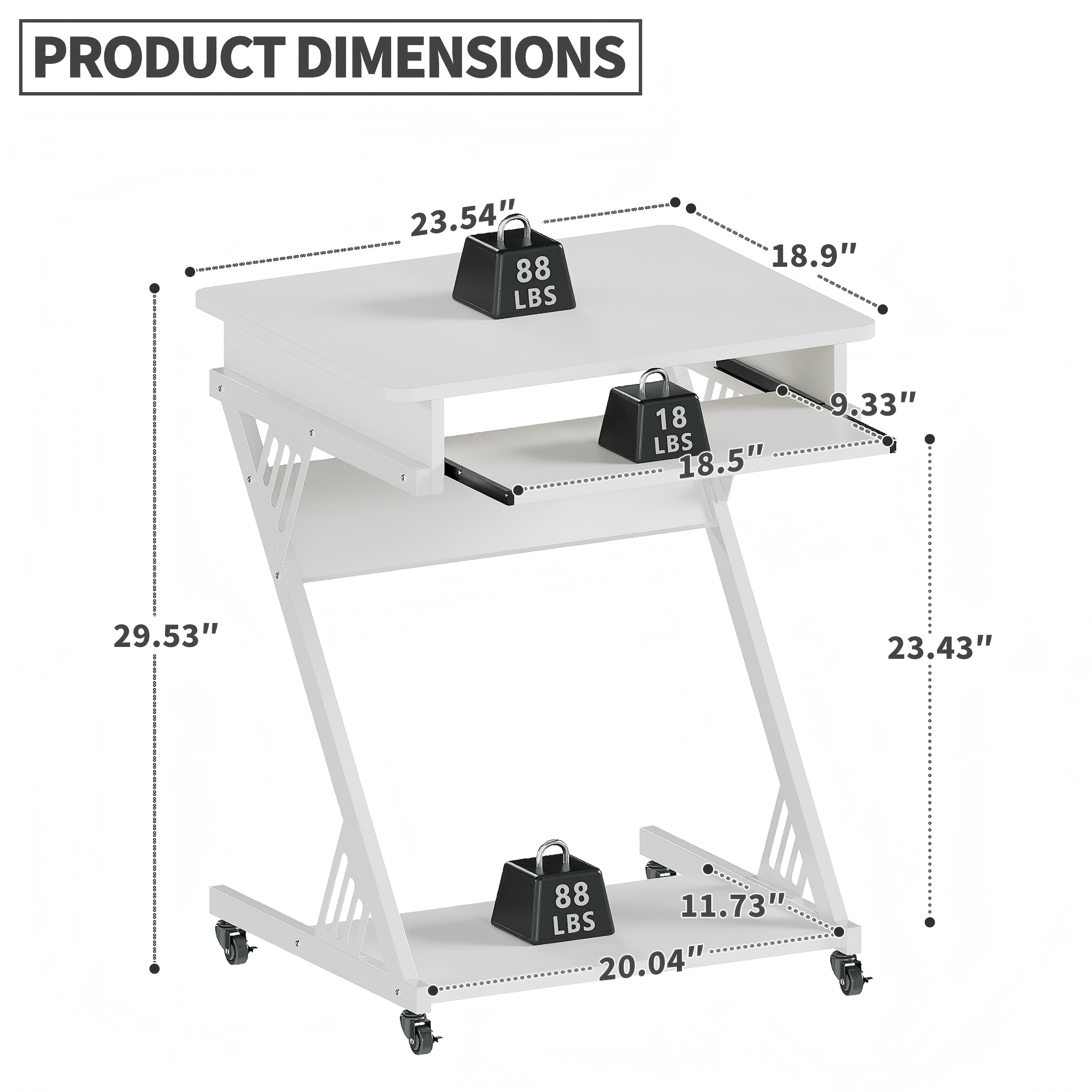 ALISENED 23.6 inch Z-Shaped Computer Desk with Smooth Keyboard Tray, with Wheels and Bottom Shelves