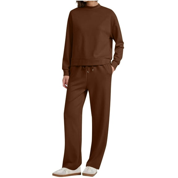 successthop 2 Piece Womens Matching Sweatsuits Long Sleeve Sweatshirt and Wide Leg Sweatpant Solid Athletic Set