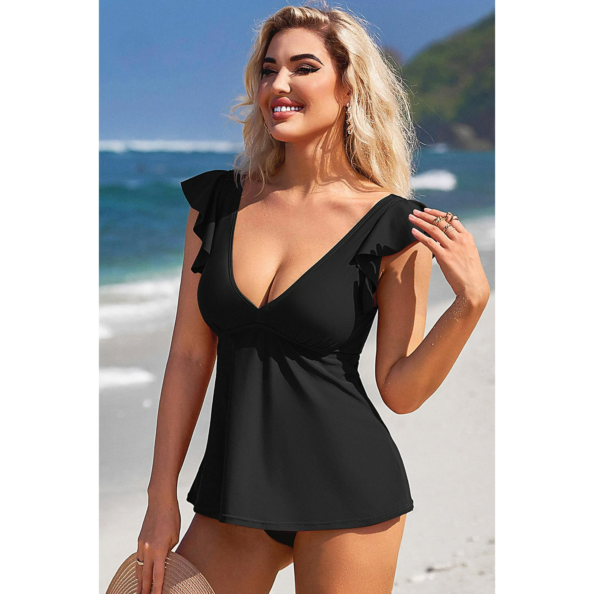 Black ruffle tankini top new arrivals