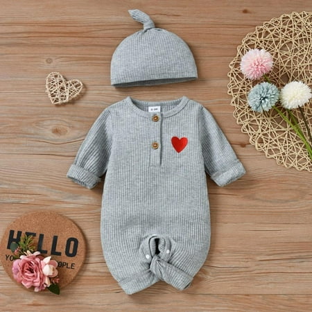 

Boys Girls Small Love Jumpsuit Hat Set Baby Bodysuit Long Sleeve