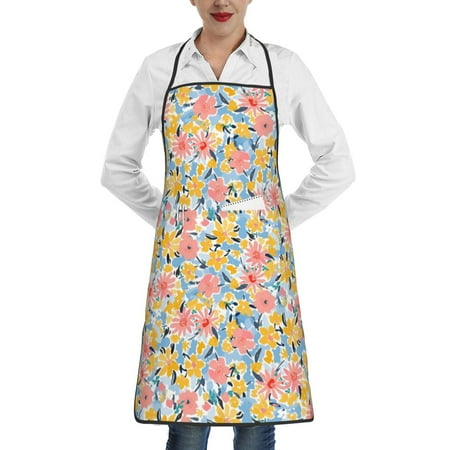 

Qekee Watercolor Wildflowers Print Adjustable Bib Apron Resistant with Pocket Cooking Kitchen Aprons for Women Men Server Chef Apron
