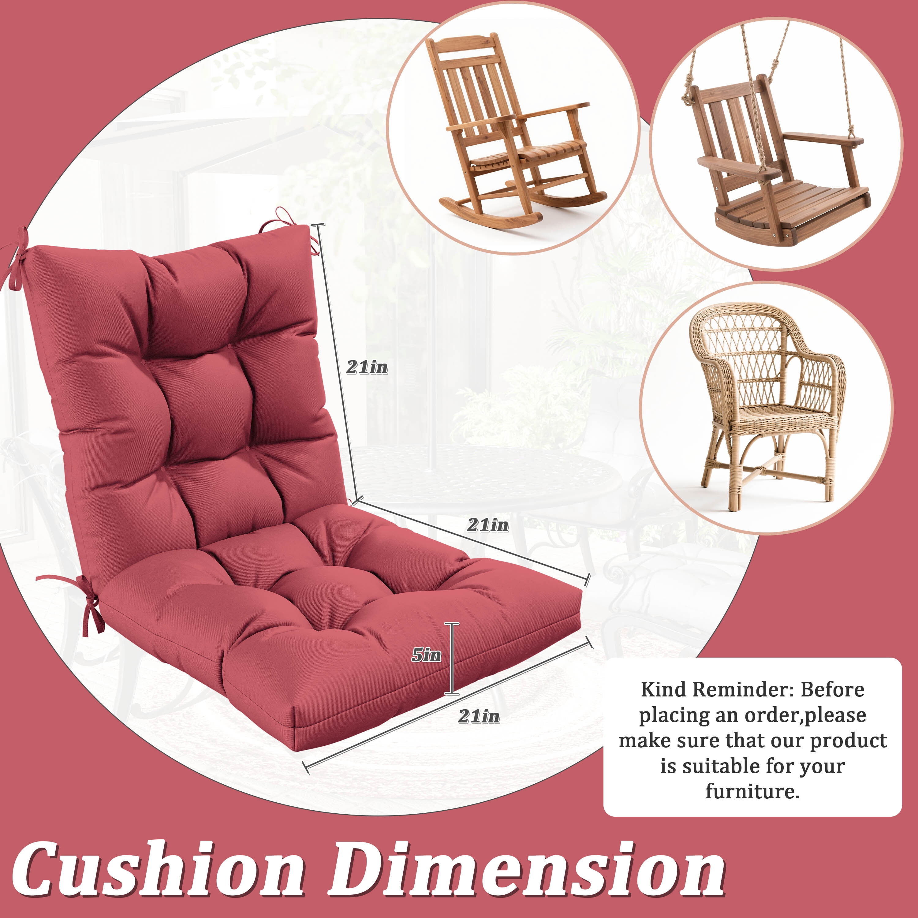 Pakunoda Chairs Cushions 42" X 21" Tufted Non Slip Pad Seat and Seatback 2 Set Cushion with Ties for Patio Outdoor & Indoor Rocking Chair, Fuchsia Red