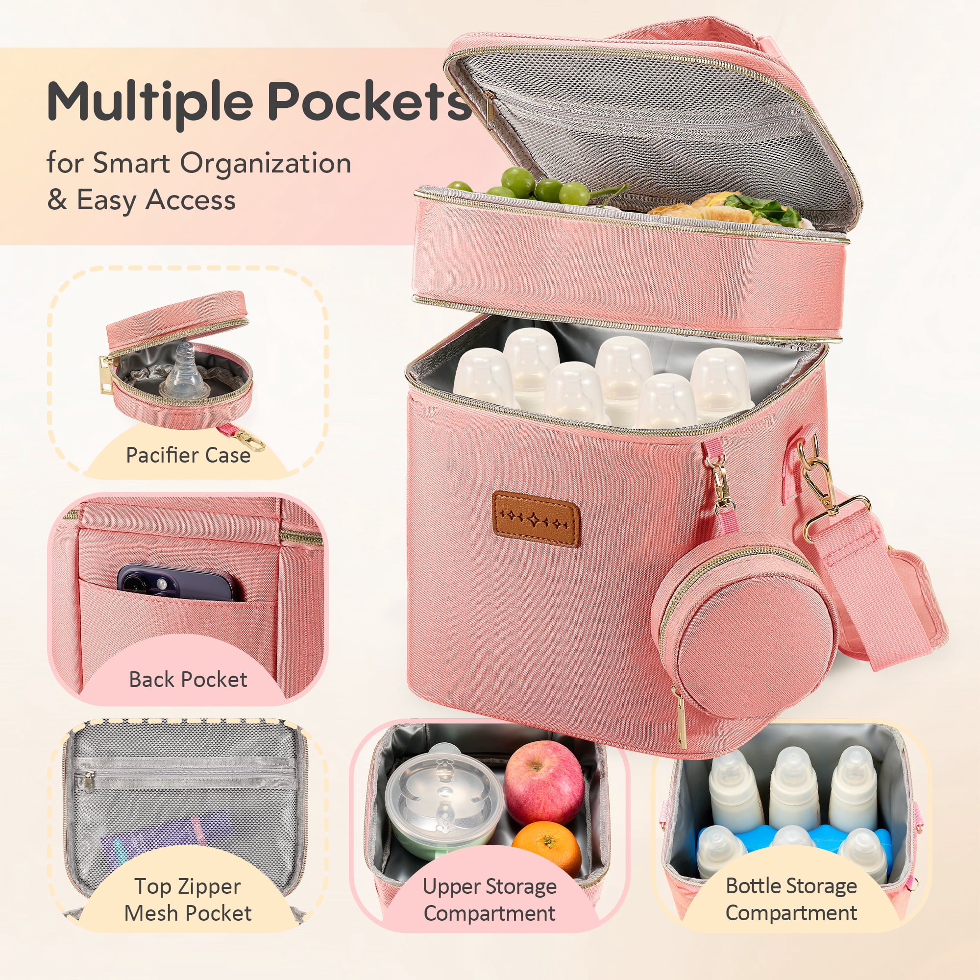 DERSTUEWE Breastmilk Cooler Bag with Ice pack , 2-Layer Travel Insulated Baby Bottle Bag, Pink