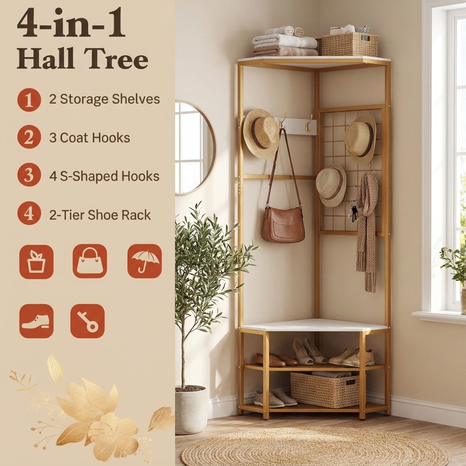 Furnibear Corner Freestanding Hall Tree Coat Rack with Storage Shelves and Removable Hooks for Entryway and Bedroom, White