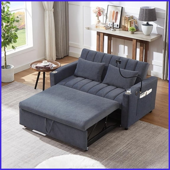 55.9” Blue Grey Bella Fabric Convertible Sofa Bed with USB Ports, Cup Holders & Phone Holder for Living Room
