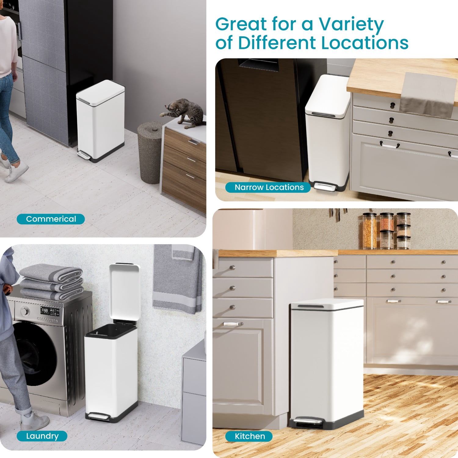 Home Zone Living 12 Gallon Slim Kitchen Trash Can with Step Pedal, Soft-Close Lid and Removable Liner, Stainless Steel, Matte White