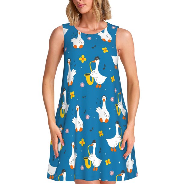 Fotbe Cartoon Goose Vestido de Verano sin Mangas para Mujer – Vestido Midi Línea A, Estilo Camiseta Floral, Vestido Playero Casual y Fluido