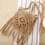 PacificPlex Womens Macrame Crochet Fringe Crossbody Bag Purse Boho, Beige